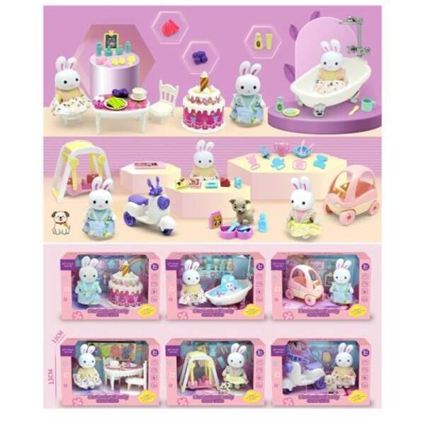 Фігурки для гри LX511 (48шт) SF, зайчик, 10см, аксесуари, 6 видів (транспорт, меблі, торт)/мікс коль (шт)