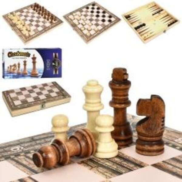 Шахи A0109 (20шт) дерев'яні, 33,5-33,5, 3в1(нарди, шашки), фігури дерев'яні, в кор-ці, 34-17,5-4см (шт)