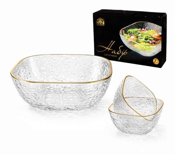 Набір салатників 7 пр. квадрат, золотий кант (1-19*19*7,5см(1,5л);6-10*10*5см(250мл)) 9290-1 (шт)