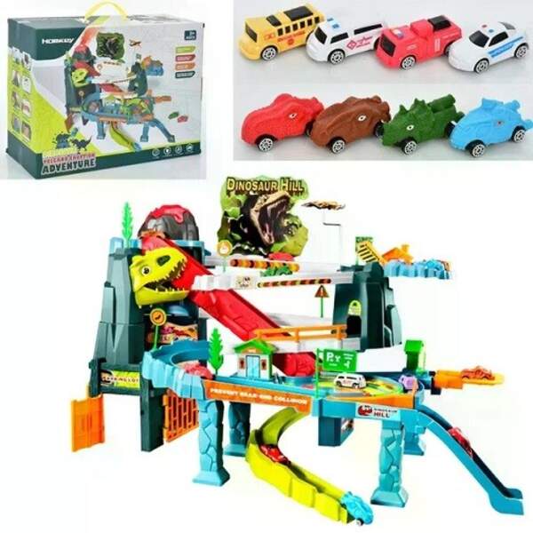 Трек 5505A (6шт) машинка 8шт,дорожні знаки,пар,динозавр-звук,світло, на бат-ці, у кор-ці, 42,5-33-17 (шт)