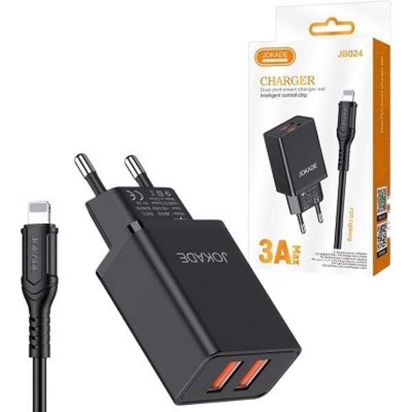 Пристрої побутові для заряджання акумуляторів мобільних телефонів JOKADE 024 + кабель лайтнінг чорни (шт)