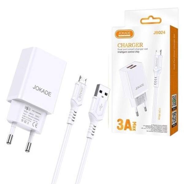 Пристрої побутові для заряджання акумуляторів мобільних телефонів JOKADE 024 + кабель мікро білий (шт)