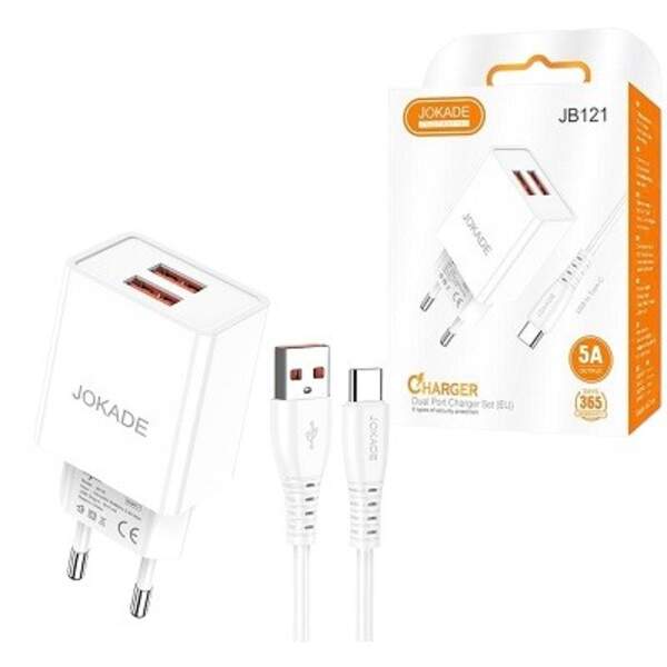 Пристрої побутові для заряджання акумуляторів мобільних телефонів JOKADE 121 + кабель тайпсі білий (шт)