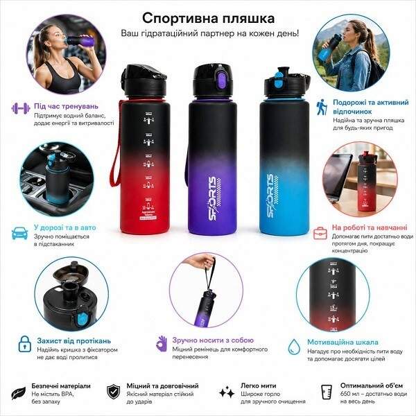 Спортивна пляшка для води пластикова "SPORTS" (600мл) №XL-60 (100) 38362 (шт)