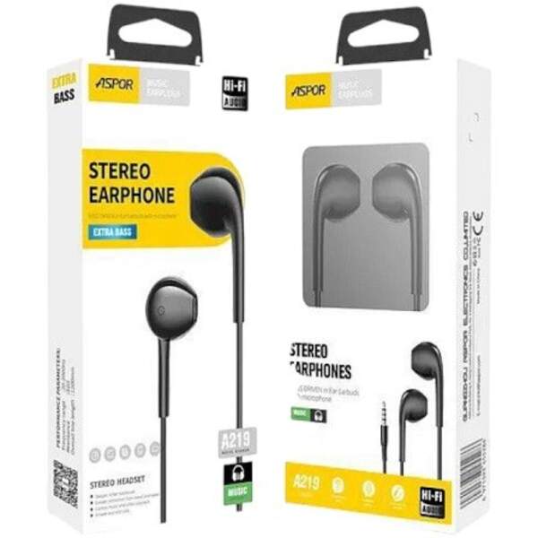 Навушники з мікрофоном Aspor A219 Stereo Earphone (3.5мм)- чорний (шт)