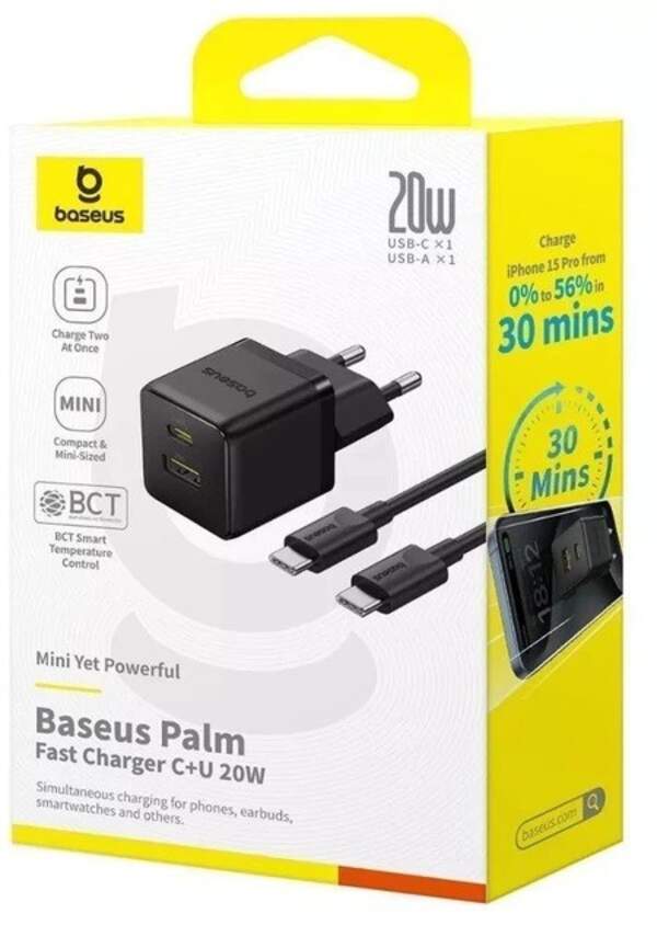МЗП Baseus Palm Fast Charger 20W C+U Black Type-C to Type-C cable (P10111608113-01) (шт)