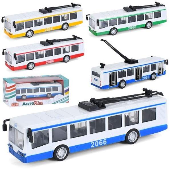 Тролейбус M 5661 (36шт) метал, інерія, 1:70-90, 17см, відчиняються двері, 4 кольори, в кор-ці, 19-7, (шт)