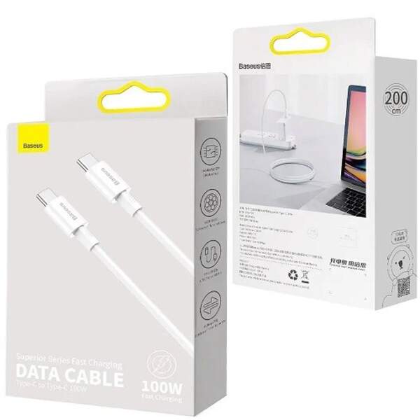 Кабель Baseus Superior Series Fast Charging Data Cable Type-C to Type-C 100 W 2м White (CATYS-C02) (шт)